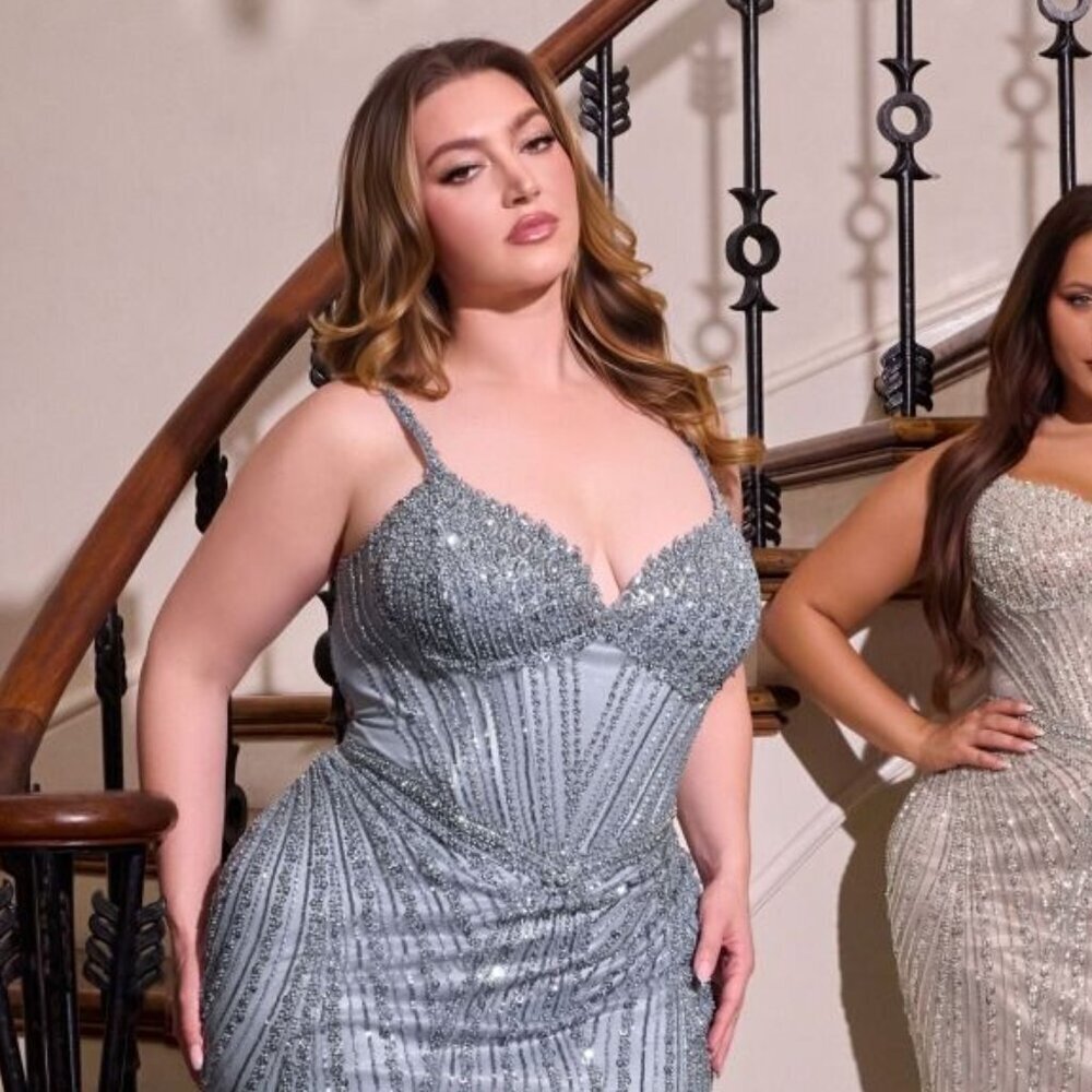 New Smoky Blue Crystals Embellished Long Plus Size Gown w/ V-Neckline CD CC398C